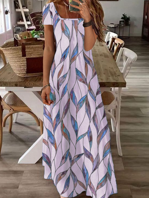 Women Printed Casual Square Neck Short Sleeve Maxi Dress